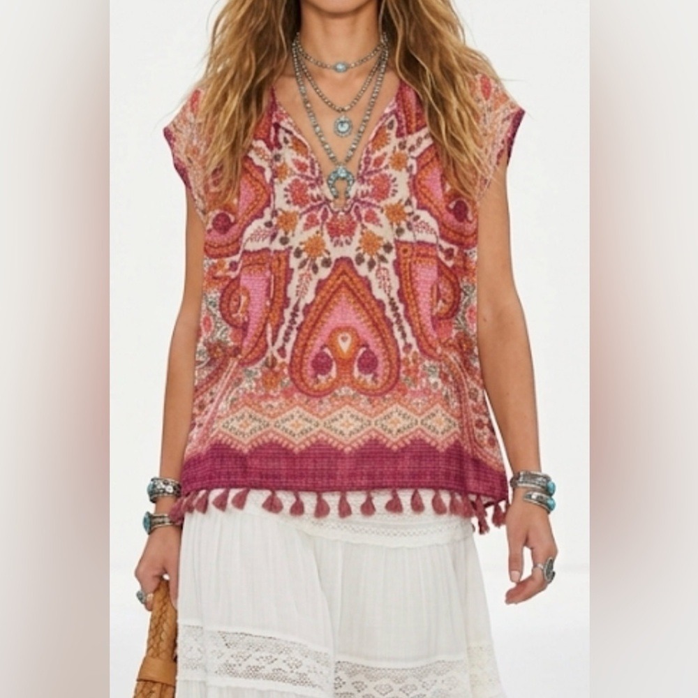 Lovestitch Womens Paisley Floral Tassel Hem‎ Cotton Gauze Boho Top Pink S/M